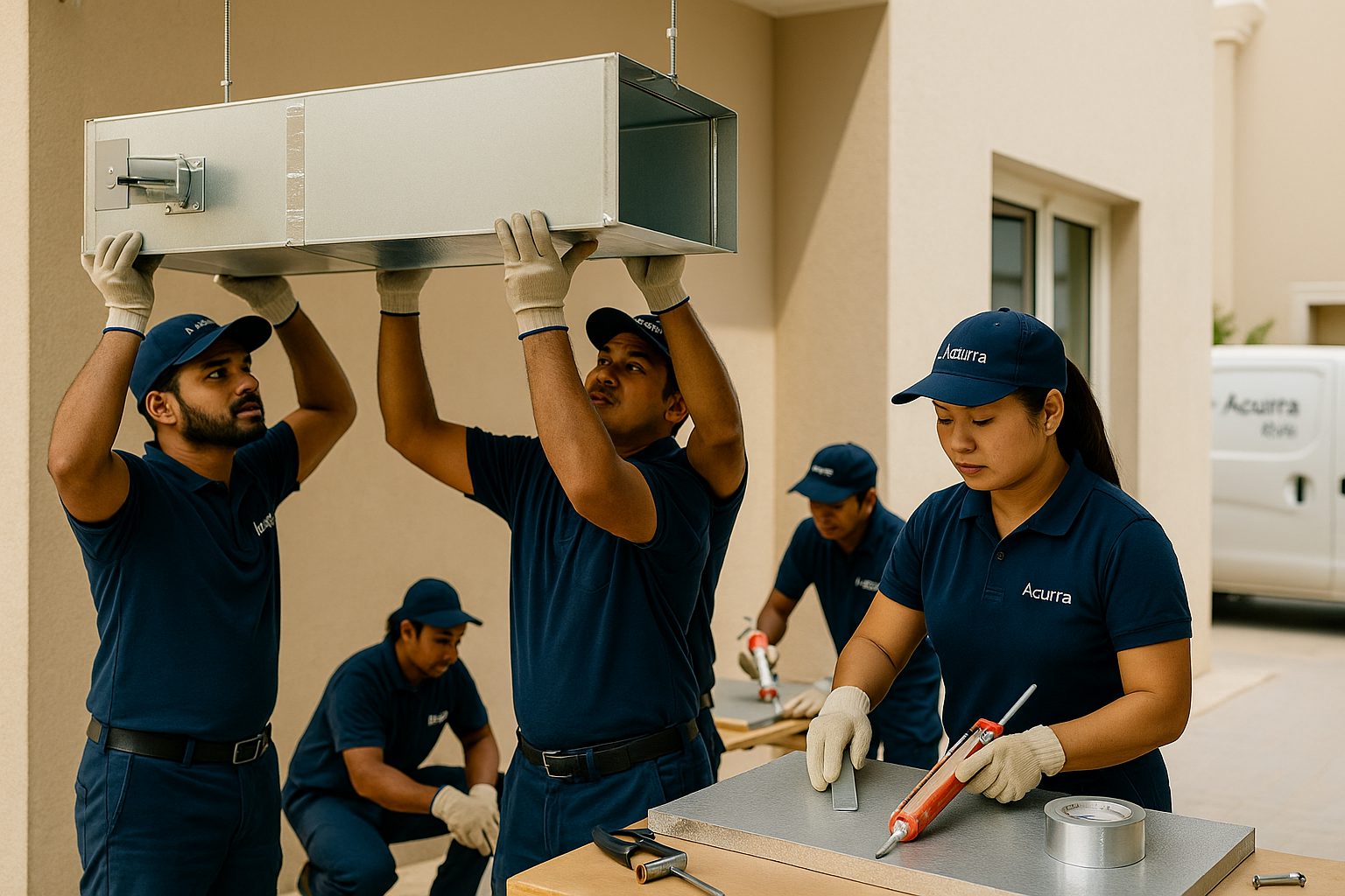 Acurra Tech HVAC team installing GI duct while teammate trims foil-faced pre-insulated duct board on a Dubai villa site.