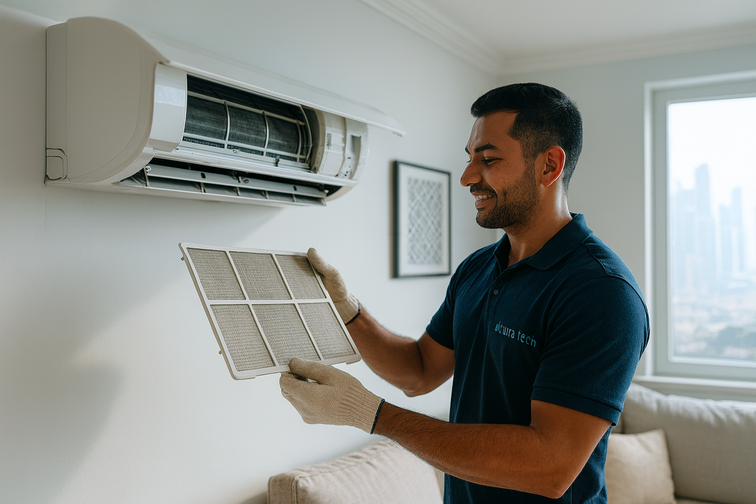 Certified Acurra Tech HVAC technician cleaning a split AC filter during annual maintenance in Dubai.