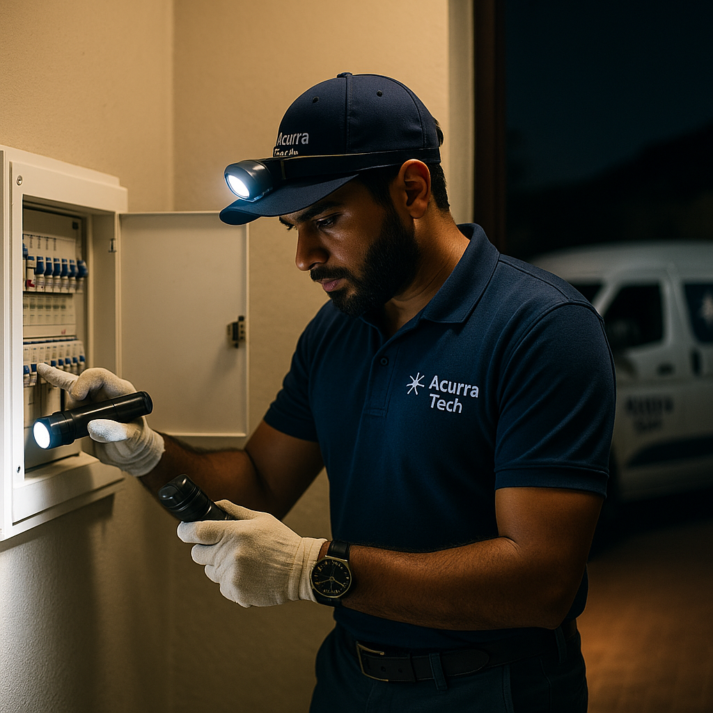 Acurra Tech electrician restoring power at 2:30 AM, isolating a tripping circuit in a villa DB while the service van waits outside.